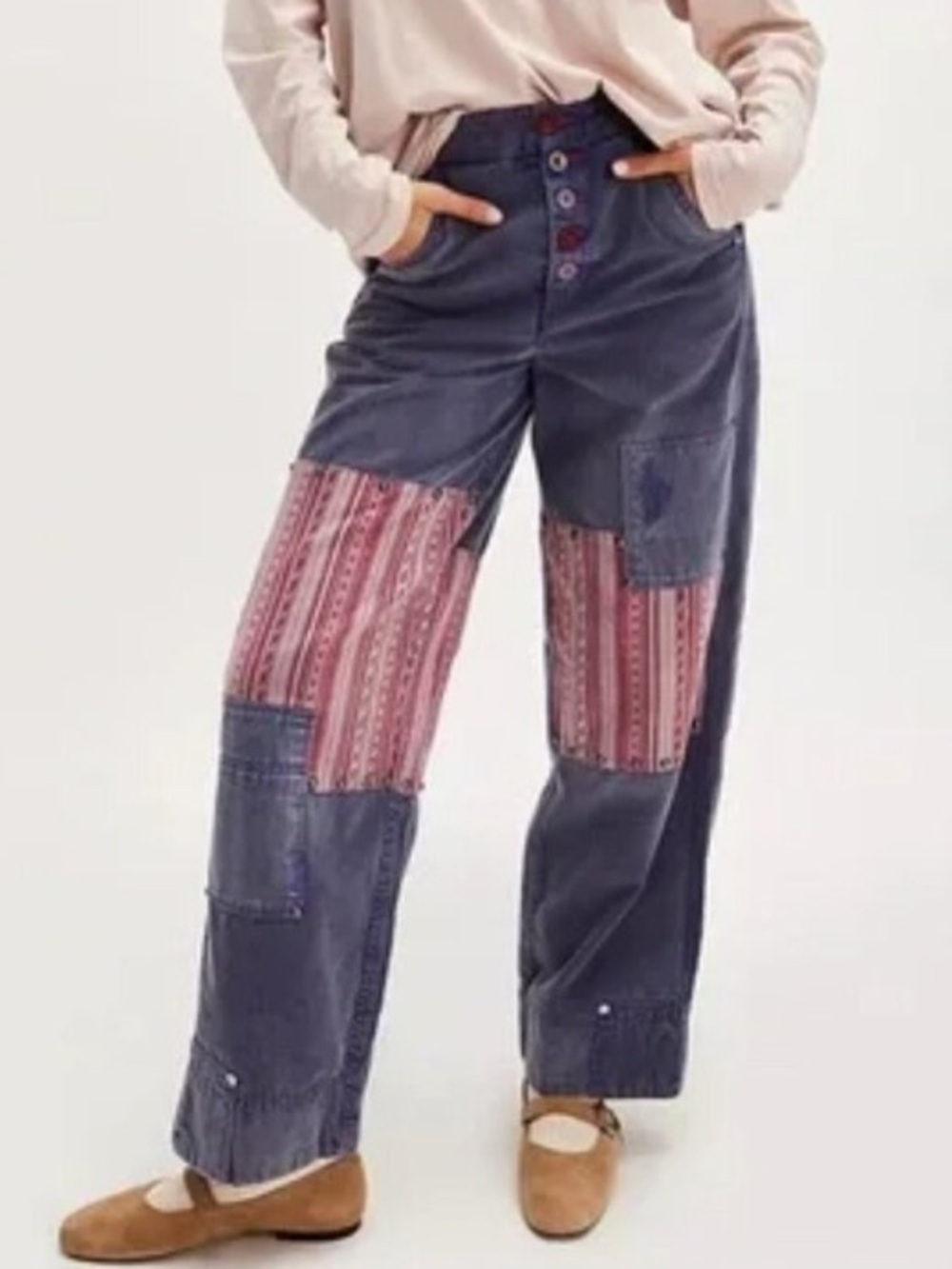 Free People La Vie Patchwork Wide-Leg Pants in Navy and Pink